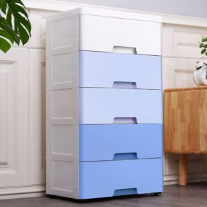 Plastic Drawers Storage Cart Mobile Cabinet with Casters, 5 Drawer Stackable Vertical Clothes Storage Tower Tall Chest Closet, Large Containers Organizer Unit (12"D x 18"W x 33"H - Blue)