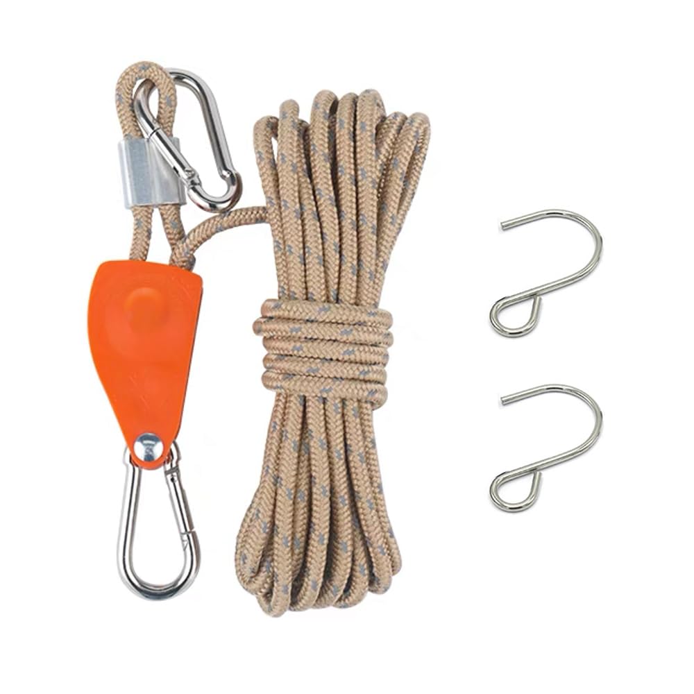 Adjustable Rope Hanger 1/8" Ratchet Hanger Rope 16.4ft Length Clip Heavy Duty Strap for Clothes Hanging and Camping Wind Rope