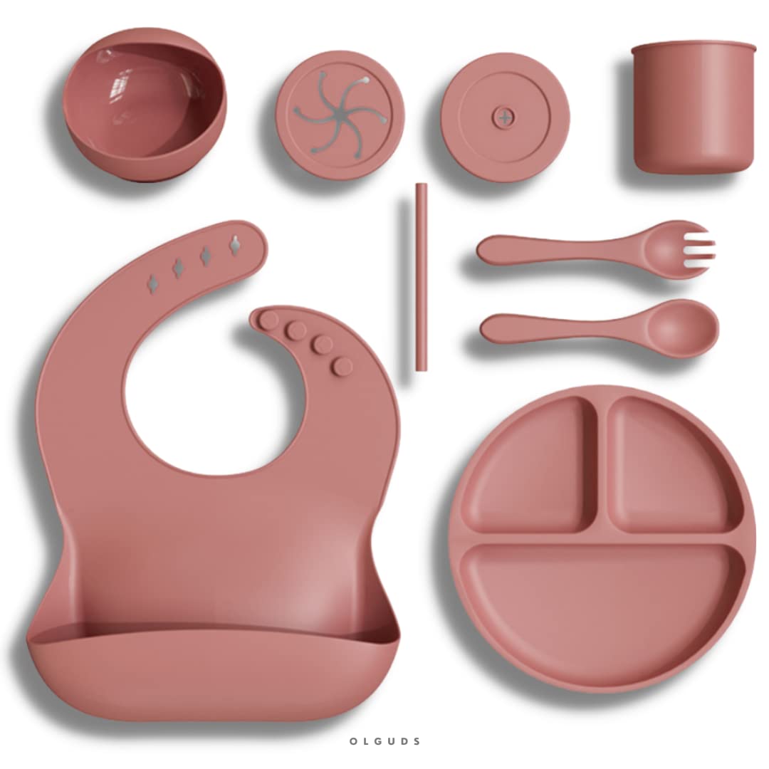 OLGUDS - Silicone Baby Feeding Set - Baby Led Weaning - Toddler Eating Utensils Bib Suction Bowl Divided Plate Sippy Cup - Baby First Stage Solid Food Essentials Dish Set - 6+ Months (Dark Pink)