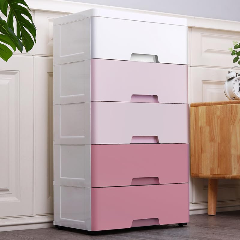 Plastic Drawers Storage Cart Mobile Cabinet with Casters, 5 Drawer Stackable Vertical Clothes Storage Tower Tall Chest Closet, Large Containers Organizer Unit Pink Plastic Drawers,12"Dx18"Wx33"H-Pink