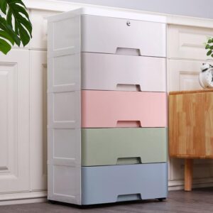 Plastic Drawers Storage Cart Mobile Cabinet with Casters, 5 Drawer Stackable Vertical Storage Tower Tall Chest Closet, Large Containers Organizer Unit (12"D x 18"W x 33"H - Multicolor1)