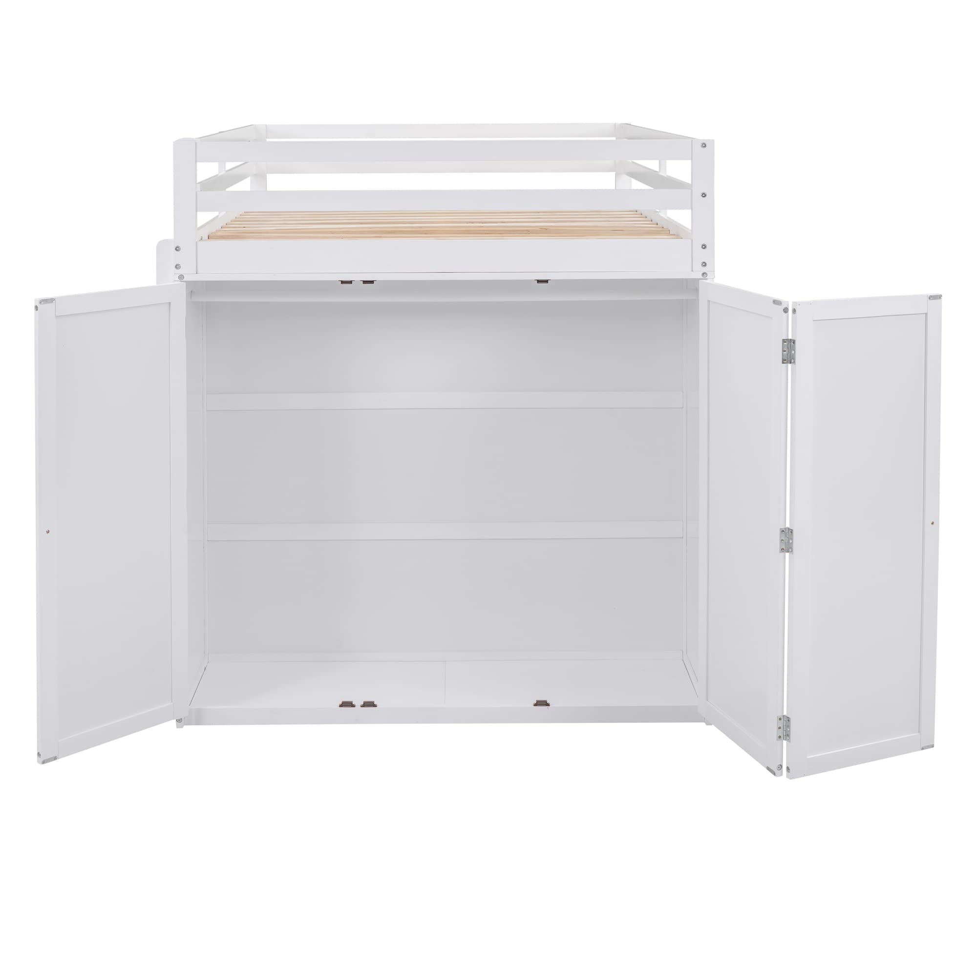 Merax Loft Bed Full Size Adult, Wooden Frame with Desk and Wardrobe, Storage Design with Drawers & Shelf, for Teen Girls & Boys(White)