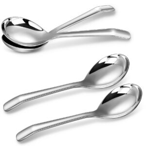 keawell premium 7.3 inches soup spoons with hook handle, set of 4, 18/10 stainless steel, deep bowl, perfect for ramen, pho, miso, dumplings, noodles, wonton, dishwasher safe (curved-handle)