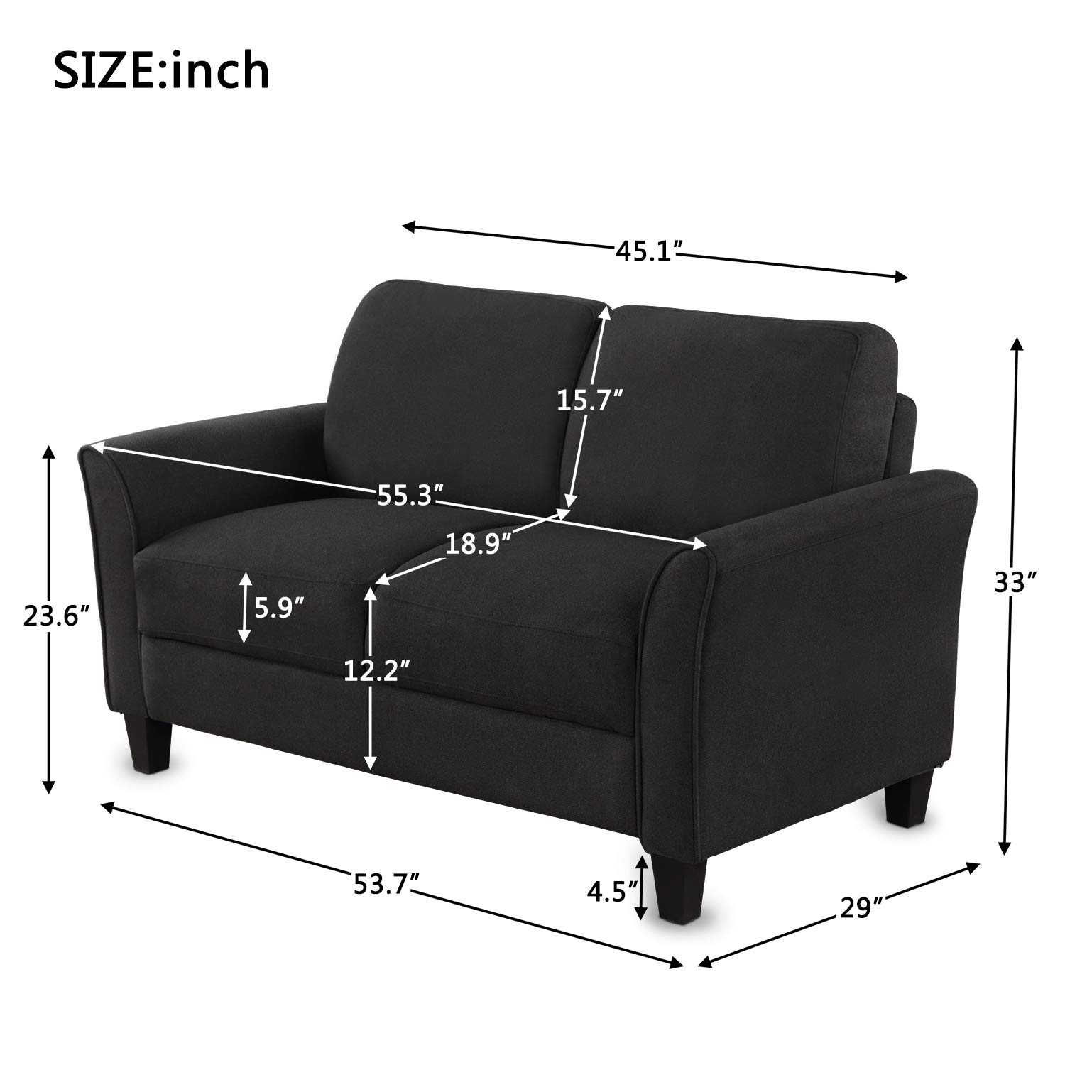 Loveseat Sofa, Modern Linen Upholstered Love Seat Couch with Double Thickened Cushions Pad and Sturdy Legs, Small 2 Seater Couch for Small Space, Living Room, Bedroom, Black