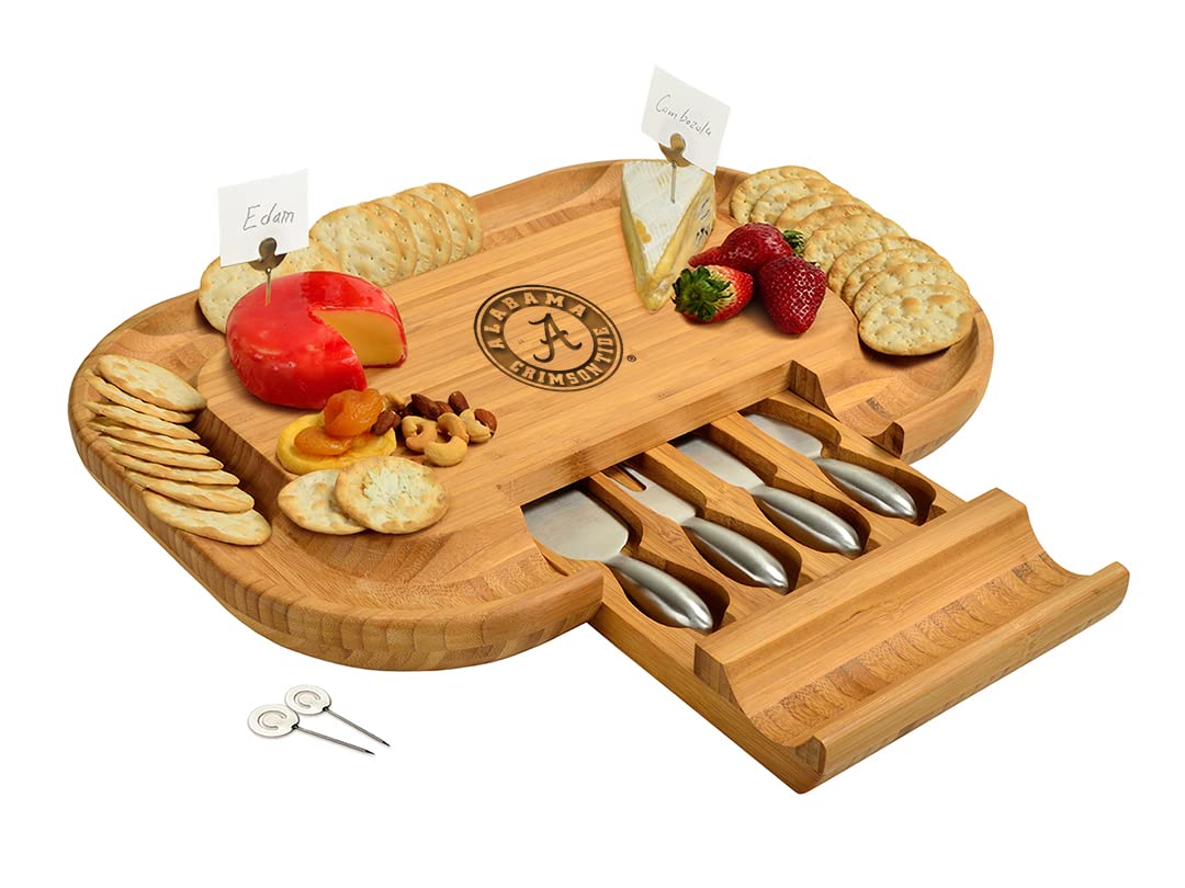 NCAA Alabama Crimson Tide Officially Licensed Bamboo Cheese/Charcuterie Board with knife Set & cheese Markers by Picnic at Ascot