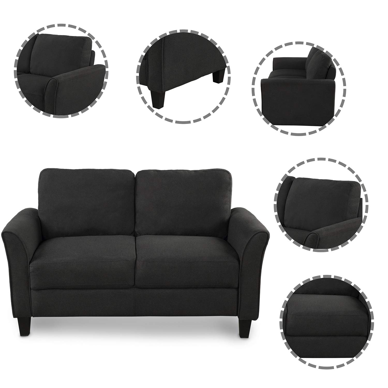 Loveseat Sofa, Modern Linen Upholstered Love Seat Couch with Double Thickened Cushions Pad and Sturdy Legs, Small 2 Seater Couch for Small Space, Living Room, Bedroom, Black