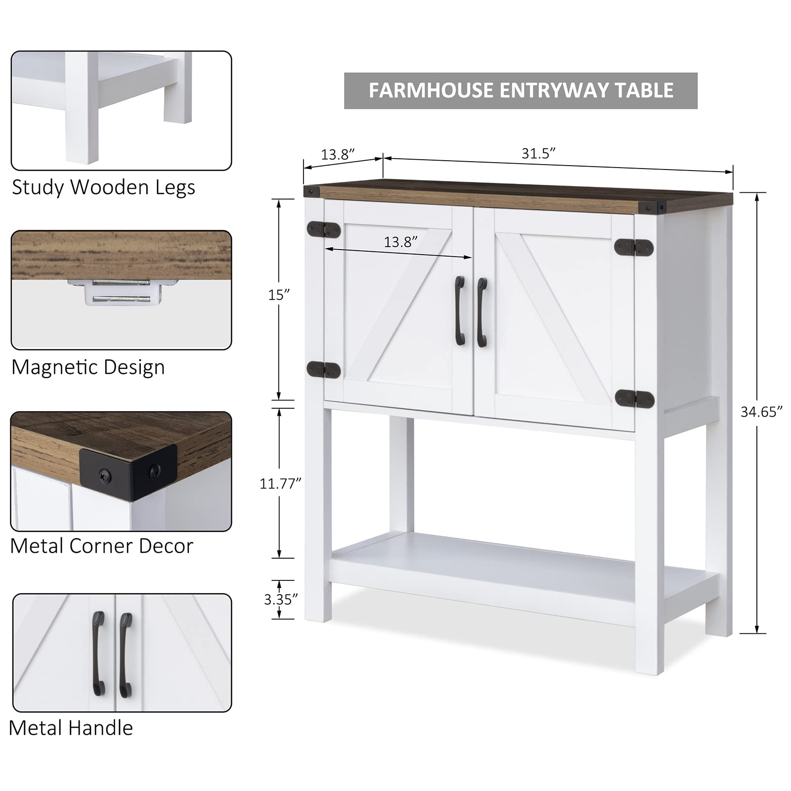 Mufico Console Table Coffee Bar Cabinet Sofa Table,31.5 L x 13.8 D x 34.65 H,Entryway Table with 2 Storage Cabinets, Farmhouse Buffet Sideboard for Kitchen, Foyer,Hallway (White)