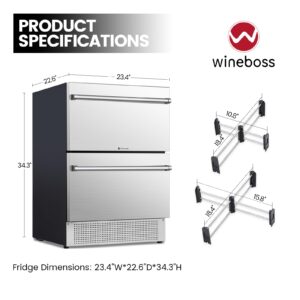 WINEBOSS 24 inch Beverage Refrigerator, Under Counter Double Drawer Fridge for Drink Soda Beer, Freestanding & Built-in Stainless Steel Beverage Cooler for Home and Outdoor Commercial Use