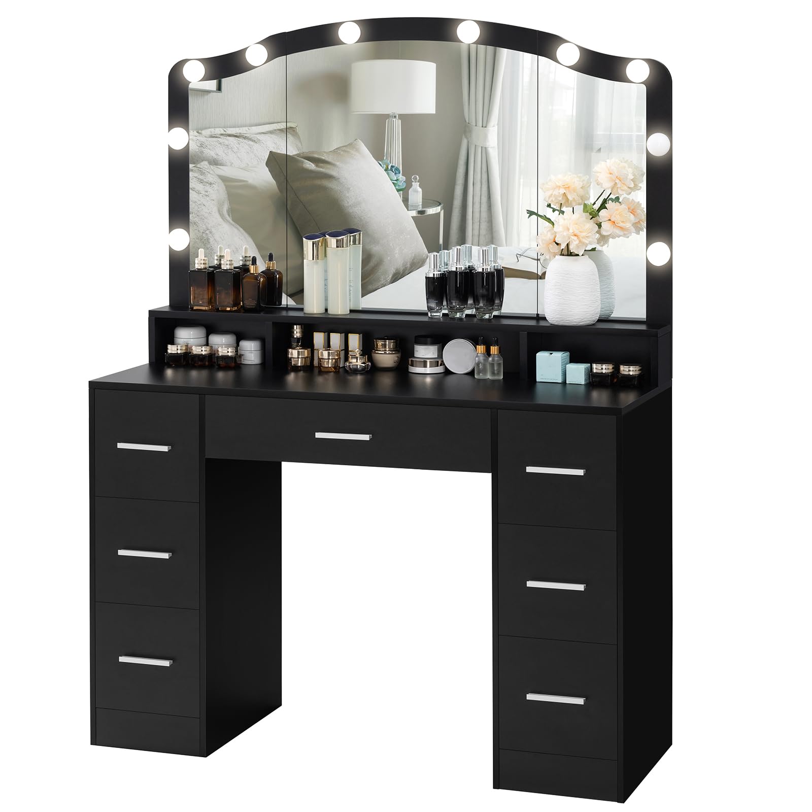 usikey 43.3" Vanity Desk with Large Lighted Mirror, Makeup Vanity Table with 7 Drawers & 10 Lights Bulbs, 3 Lighting Colors, Make Vanity Desk, Vanity Table for Women Girls, Black