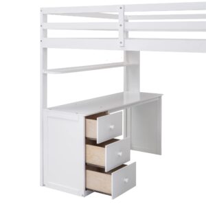 Merax Loft Bed Full Size Adult, Wooden Frame with Desk and Wardrobe, Storage Design with Drawers & Shelf, for Teen Girls & Boys(White)