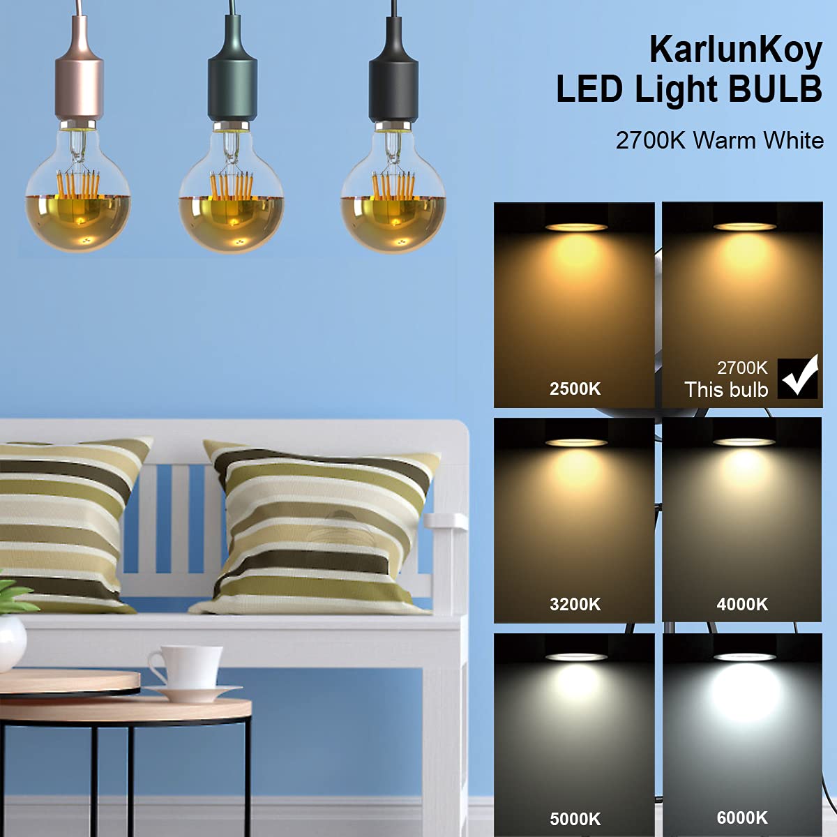 KarlunKoy Large Half Gold Light Bulb,8W (80W Equivalent) Dimmable LED Edison Bulbs,G95/G30 Globe Decorative LED Bulb Half Chrome Reflected Light 2700K Soft White E26 Base Pack of 2