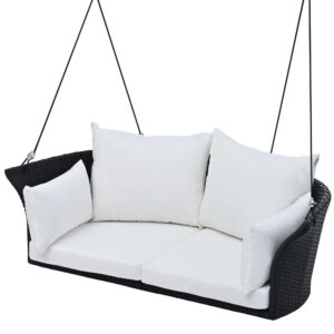 P PURLOVE 2-Seater Wicker Hanging Seat,Porch Swing Bench with Hanging Ropes,Cushion, Pillow, Rattan Swing Bench for Garden, Backyard, Pond,Black Wicker and White Cushion