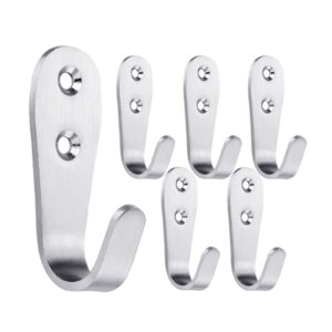 mokife coat hooks wall mounted, 6 pack single door hooks heavy duty brushed wall hook stainless steel, large j metal hook for hanging clothes jackets robes towels hats keys bags cups, silver