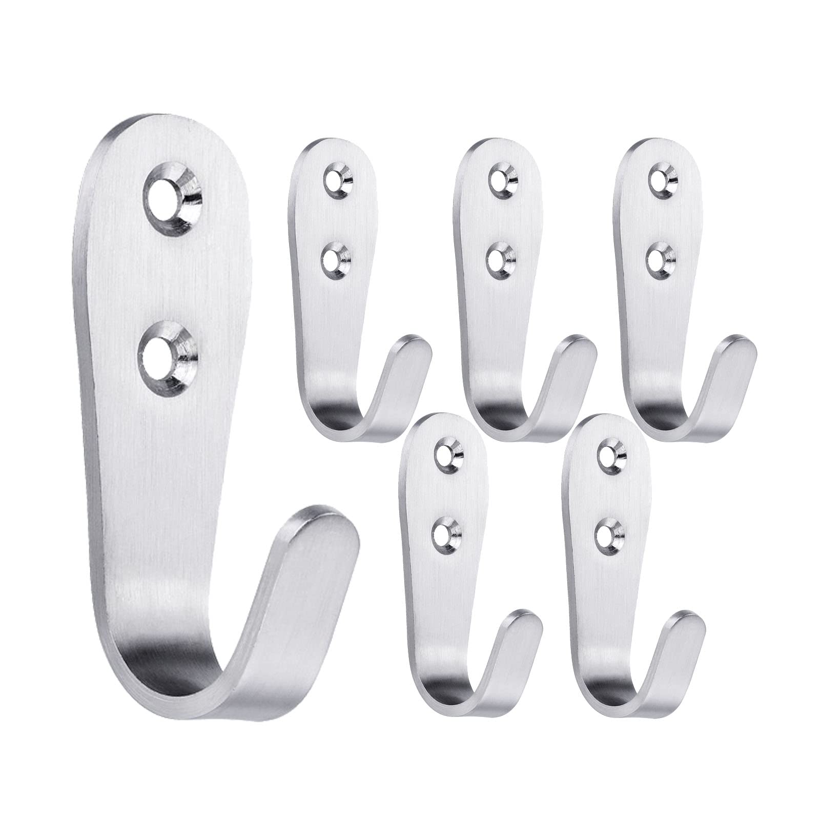 Mokife Coat Hooks Wall Mounted, 6 Pack Single Door Hooks Heavy Duty Brushed Wall Hook Stainless Steel, Large J Metal Hook for Hanging Clothes Jackets Robes Towels Hats Keys Bags Cups, Silver