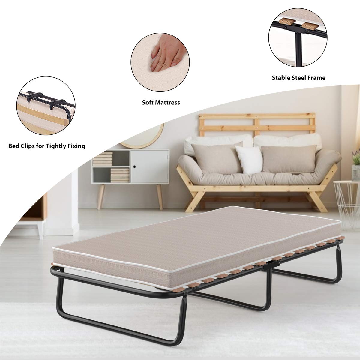 GORELAX Rollaway Folding Bed with Mattress for Adults, Cot Size Small Single Portable Bed Set w/Metal Bed Frame & Wood Slats, Foldable Hideaway Bed Cot w/Memory Foam Mattress, Fold up Guest Bed