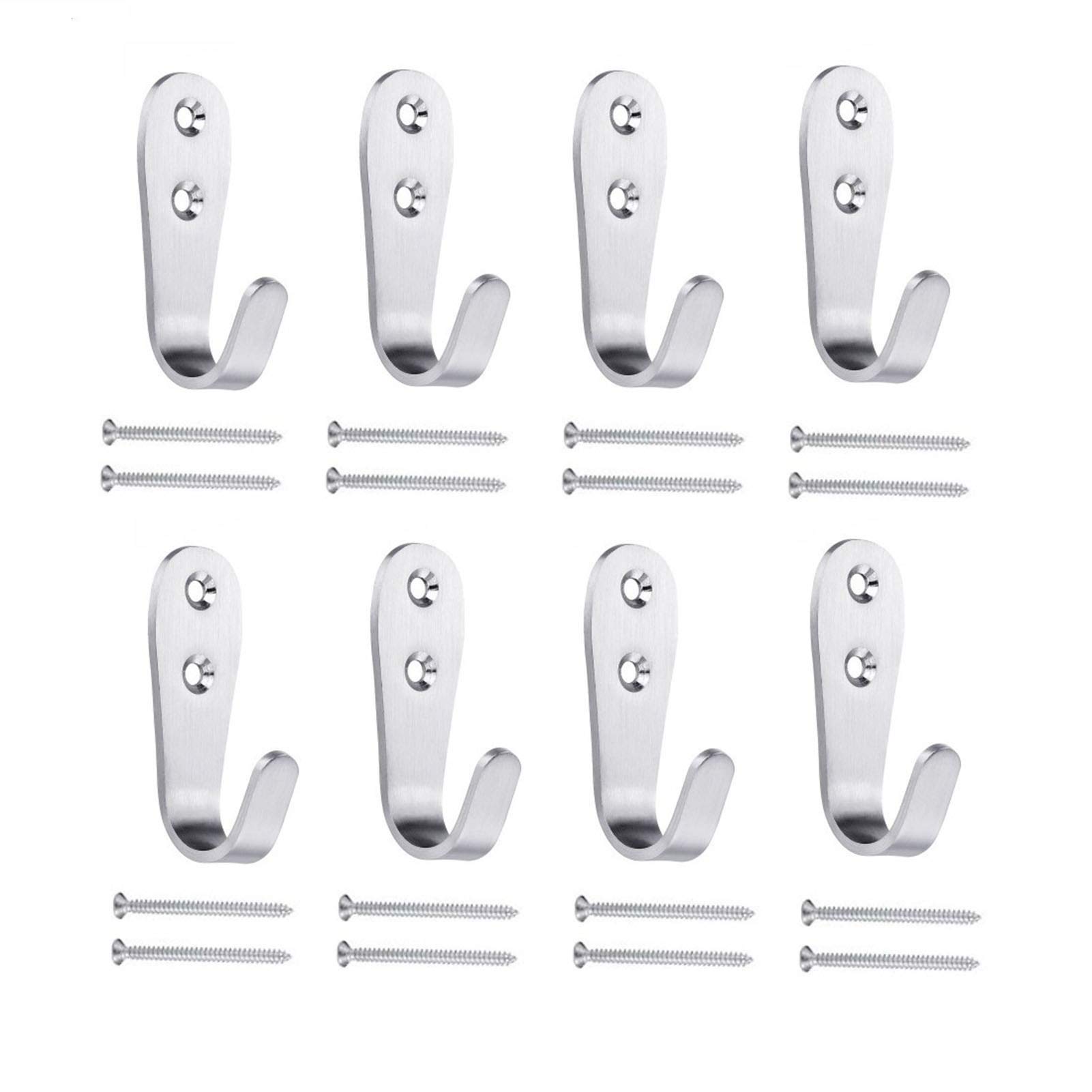 Mokife Wall Hooks Heavy Duty, 8 Pack Single Coat Hooks Stainless Steel Brushed Entrance Hooks, Small J Utility Hook for Hanging Clothes Jackets Robes Towels Hats Keys Bags Cups, Silver