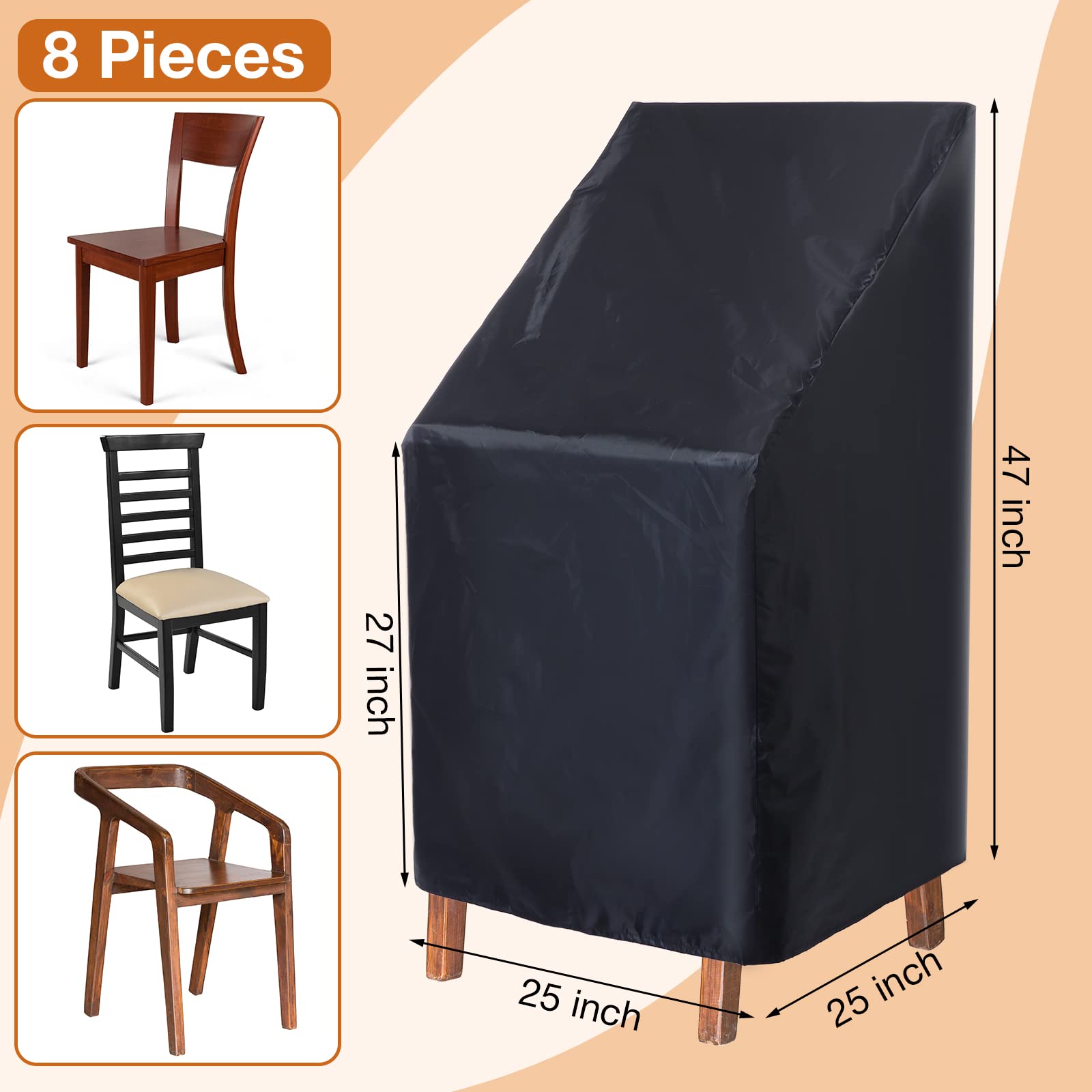 Woanger 8 Pcs Black Patio Chair Cover Outdoor Chair Cover 210D Oxford Cloth Waterproof Stacking Chair Cover High Back Lawn Chair Cover with Storage Bag for Protecting Furniture Chair 25 x 25x 47inch