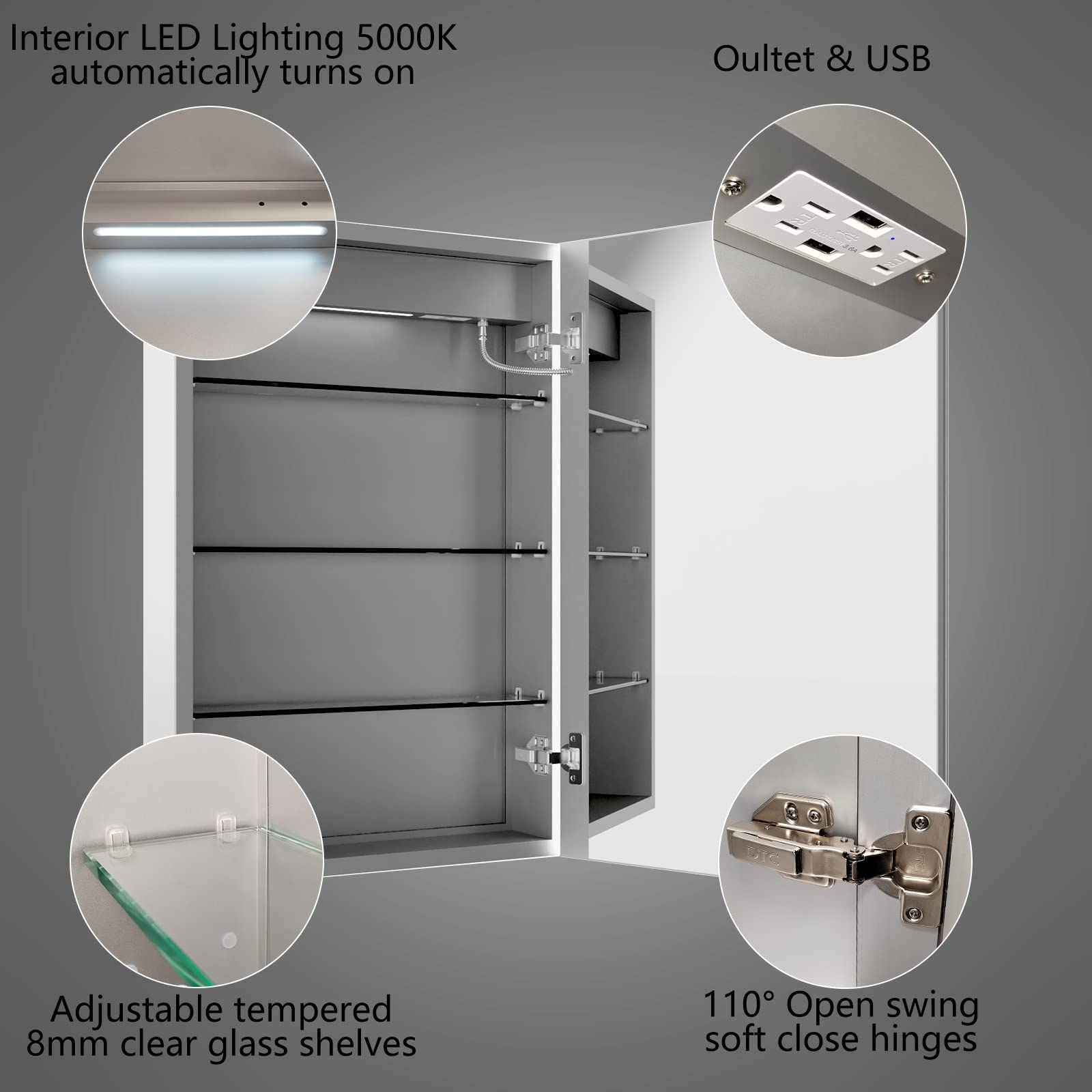 ExBrite Lighted Medicine Cabinet 20 x 30 Inch,Recessed or Surface led Medicine Cabinet, Clock&Room Temp Display,Defog,Dimming,Medicine Cabinet with Lights 3-Color Temper Chang,Hinge on The Right