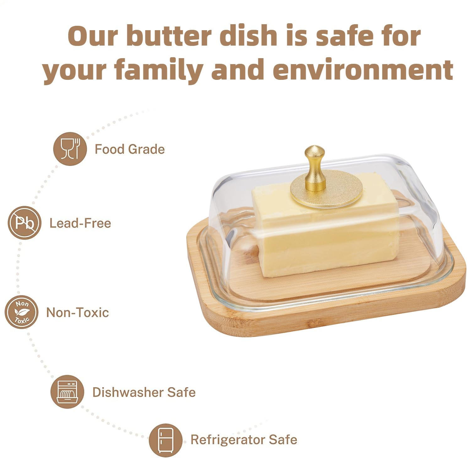 BTWD Glass Butter Dish with Lid for Countertop and Refrigerator, Extra Large Butter Keeper Container Storage with Handle for Fridge, Butter Holder for Counter, Butter Tray Clear Covered Butter Dishes