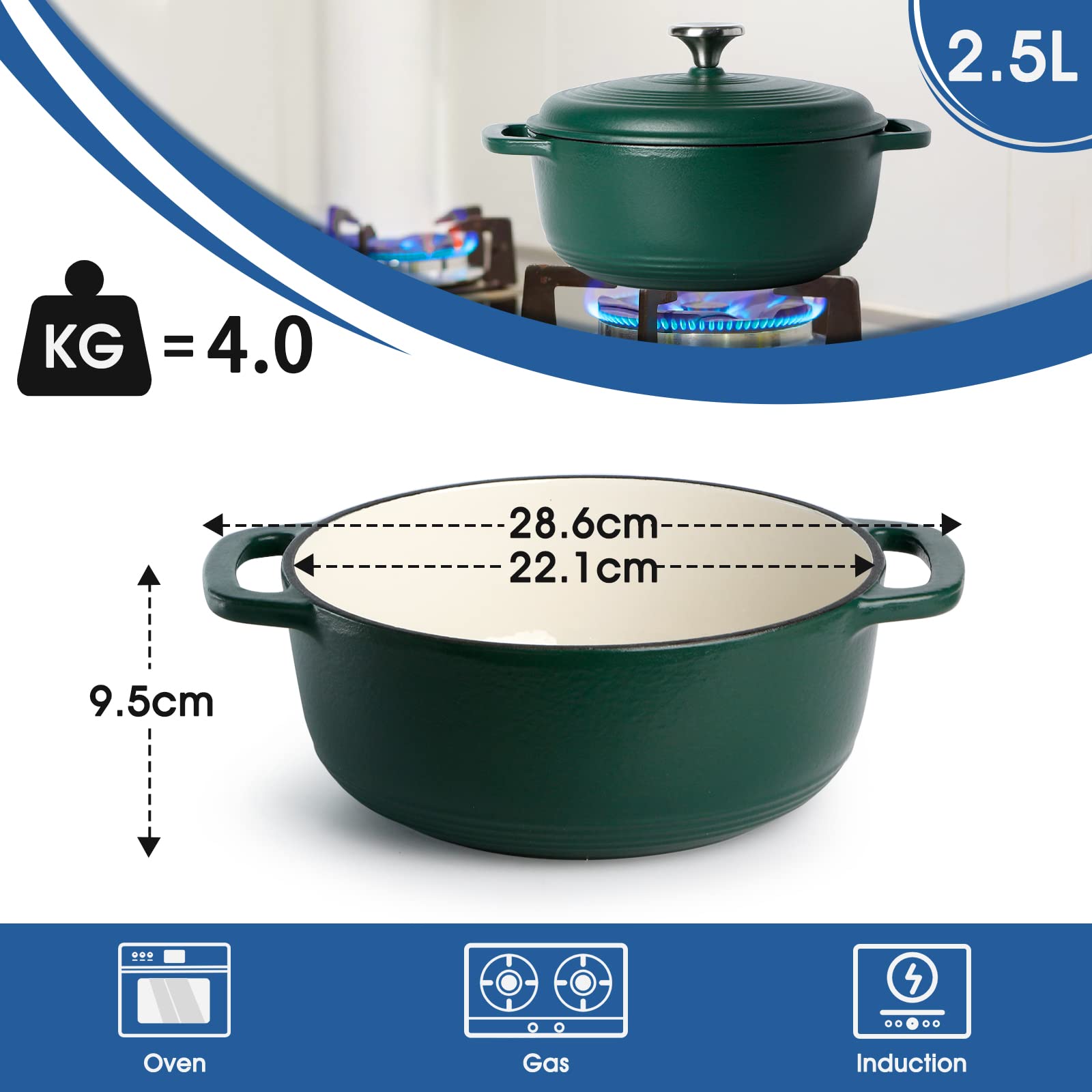 NUTRIUPS Enameled Cast Iron Dutch Oven Pot with Lid Heavy Duty Casserole Dish 3-Quart (Green)