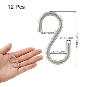 HARSKIYER 12pcs 304 Stainless Steel S Hooks, 0.12'' / 3mm Metal S Shaped Hooks Heavy Duty Hangers Hanging Hooks for Hanging Pots Plants Cups Clothes Keys Caps