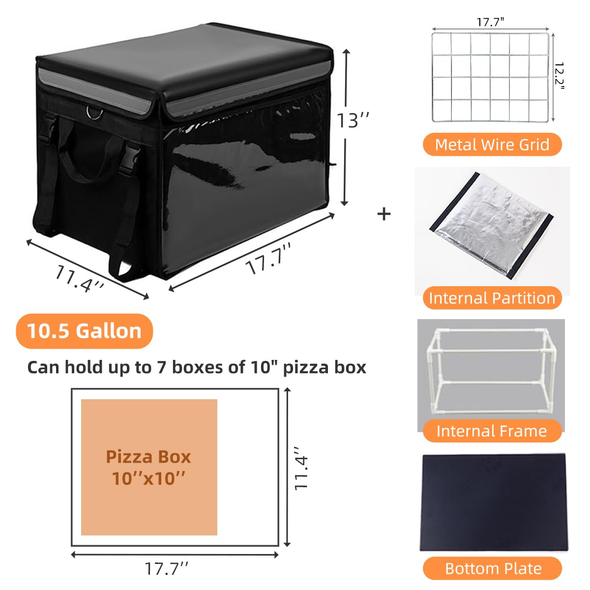 Large Insulated Food Delivery Bag with Fixed Base and Internal Frame, XL-18.1"x13.8"x13.8", Commercial Insulated Food Delivery Bag w/ Divider, Waterproof & Foldable Catering Bag Food Deliveries, Black