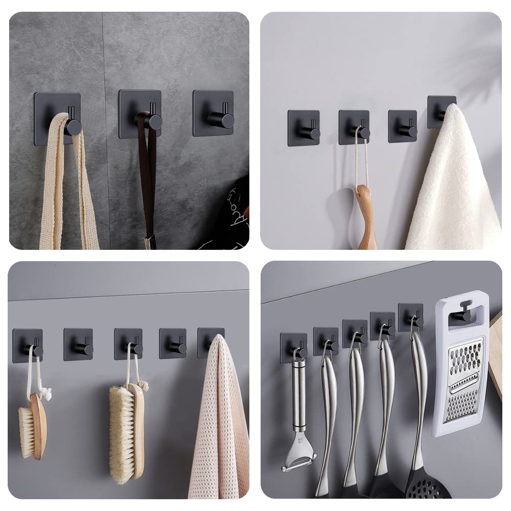 yeulluey 4pcs Towel Hooks for Bathrooms, Adhesive Hooks for Hanging Heavy Duty Waterproof Stainless Steel Black Kitchen Bathroom Wall Hooks for Coats Key Hat Wall Mount Sticky Towel Robe Hook Rack