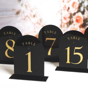 UNIQOOO Black Arch Wedding Table Numbers with Stands 1-20, Gold Foil Printed 5x7 Double Sided Acrylic Signs and Holders, Perfect for Centerpiece, Reception, Decoration, Party, Anniversary, Event