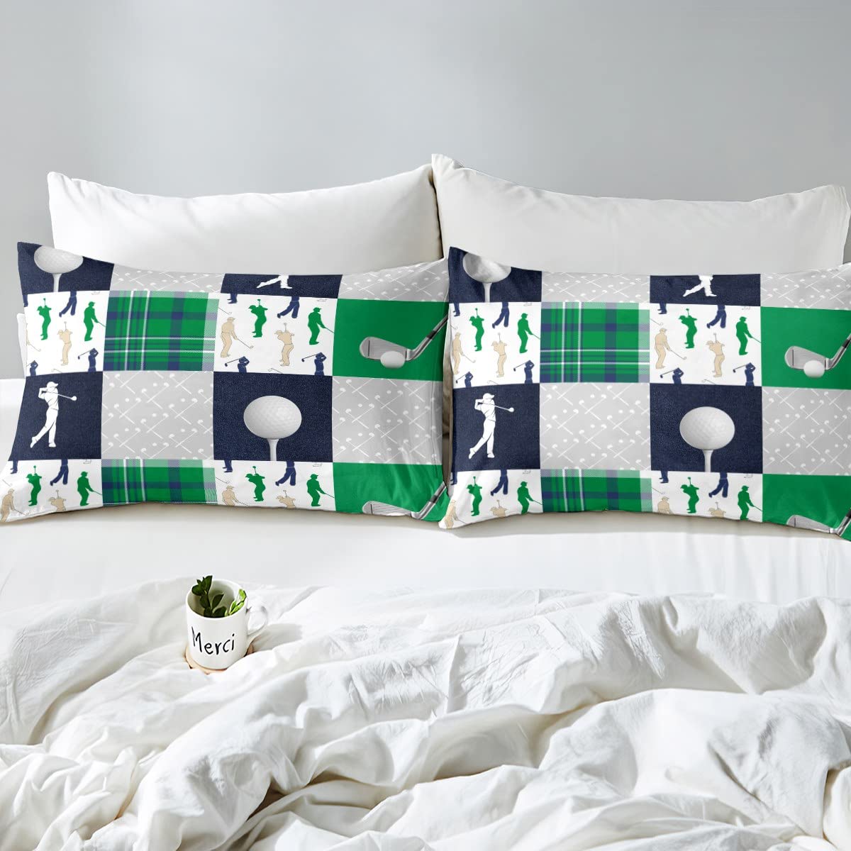 Castle Fairy Golf Plaid Bedding Set King Size for Woman Men,Green Buffalo Grid Geometric Comforter Cover with 2 Pillowcases,Ball Sports Lover Style Duvet Cover Set Microfiber Quilt Cover