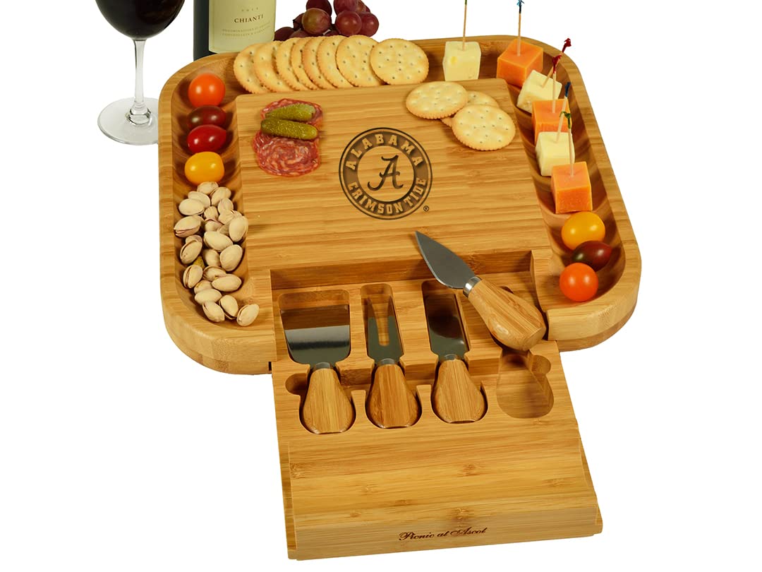 NCAA Alabama Crimson Tide Officially Licensed Bamboo Cheese/Charcuterie Board with knife Set & cheese Markers by Picnic at Ascot