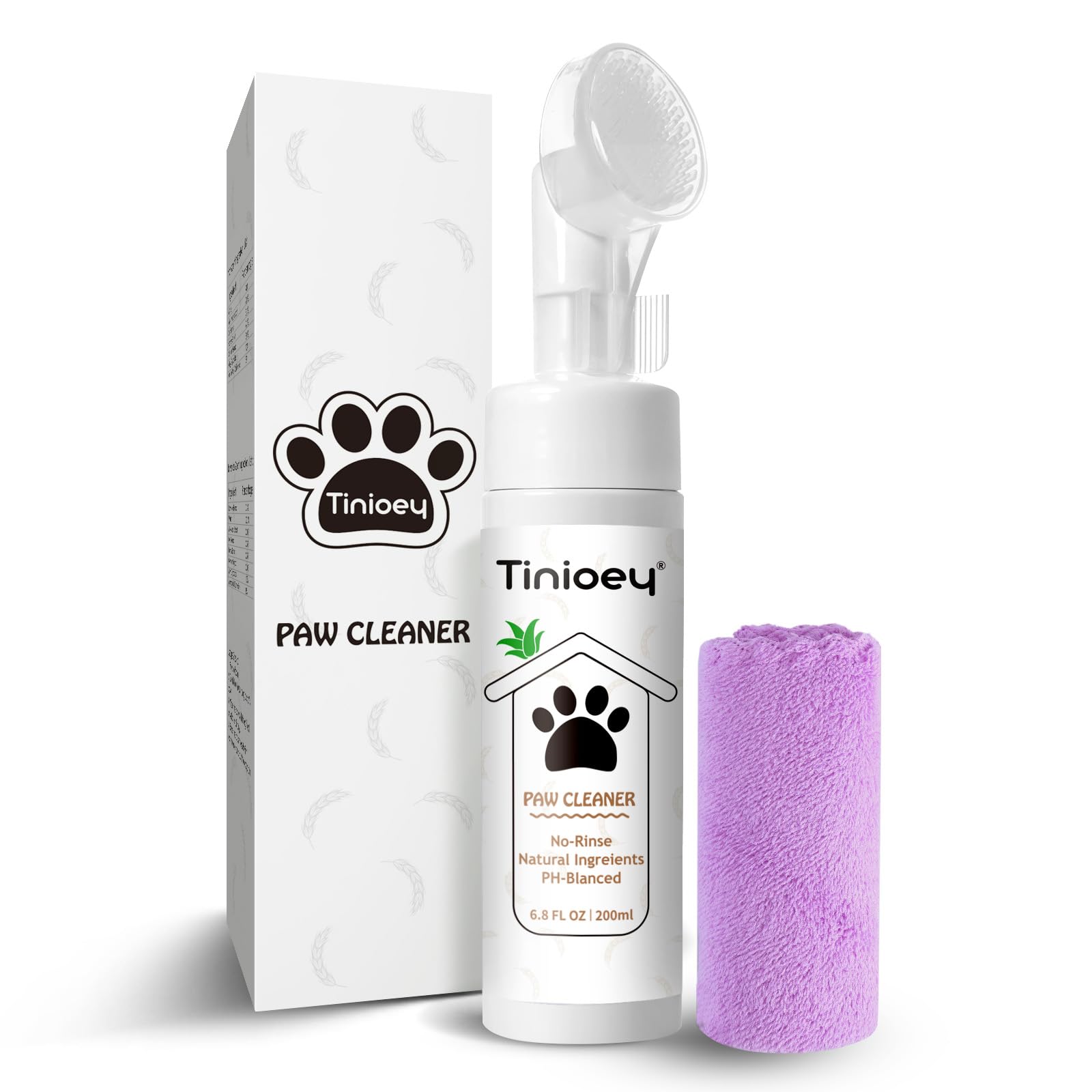 Tinioey Foaming Paw Cleaner for Dogs and Cats (6.8 oz) | No-Rinse Dandelion Cleanser with Brush and Absorbent Towel (Fragrance Free)