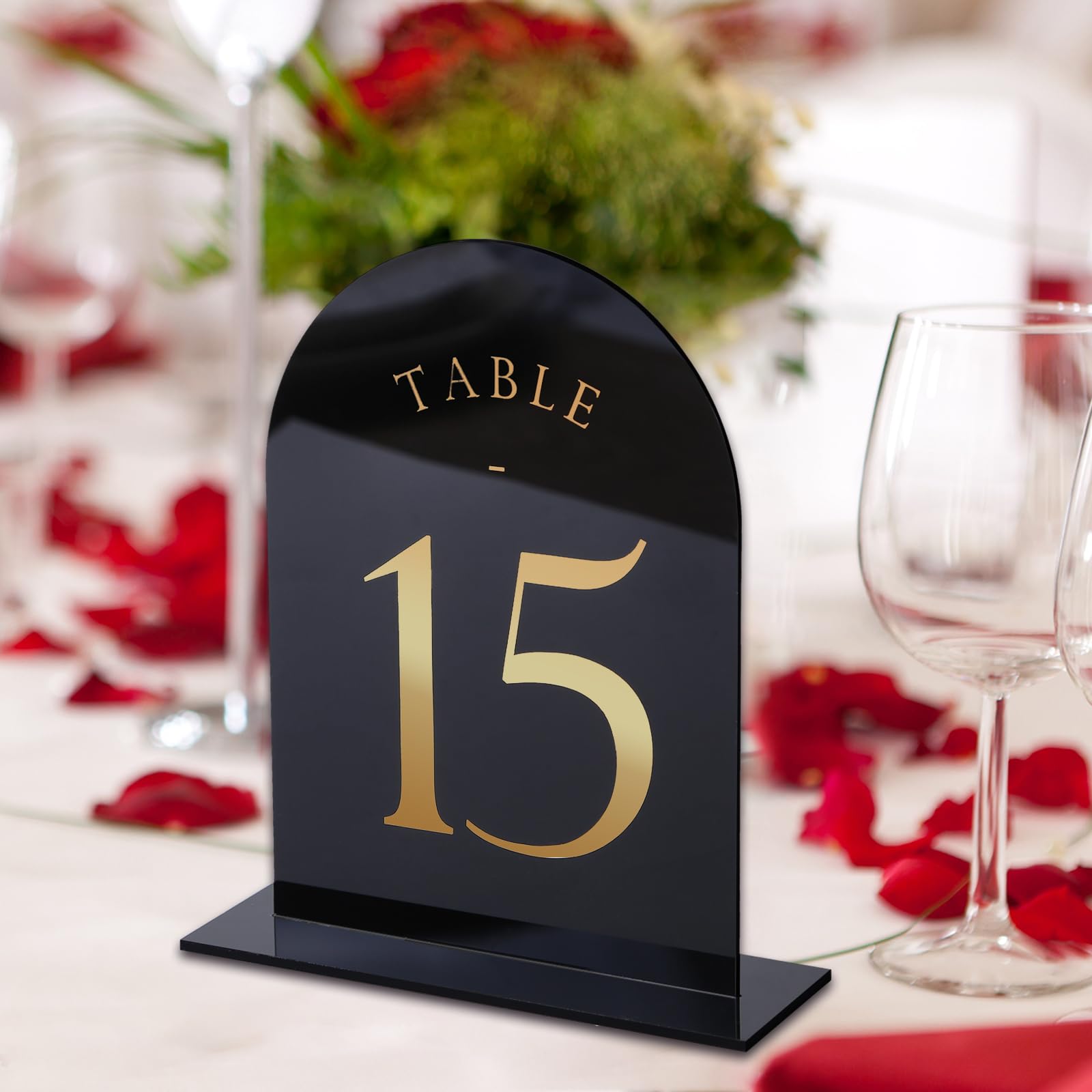 UNIQOOO Black Arch Wedding Table Numbers with Stands 1-20, Gold Foil Printed 5x7 Double Sided Acrylic Signs and Holders, Perfect for Centerpiece, Reception, Decoration, Party, Anniversary, Event