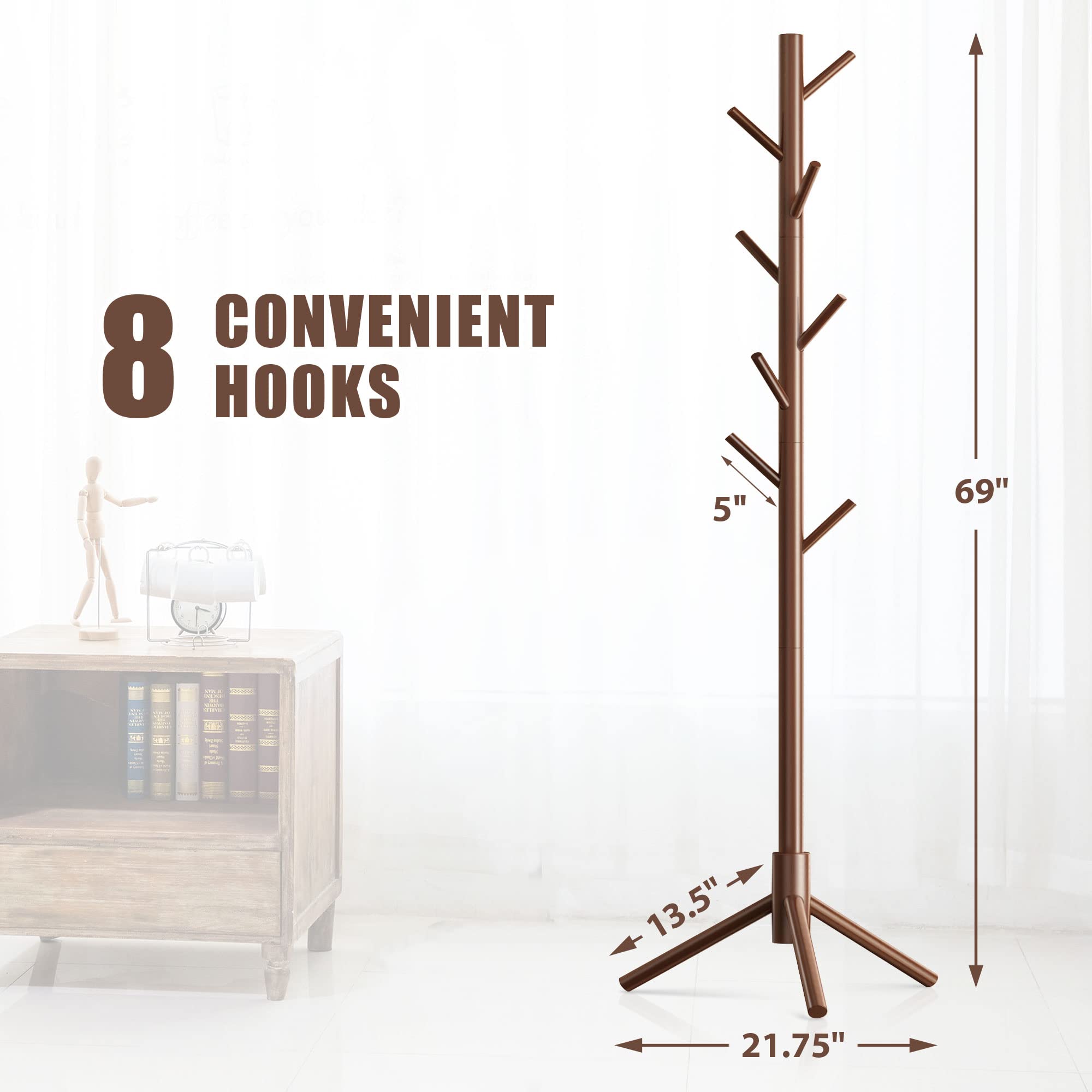 Haddockway Wooden Coat Rack Stand with 8 Hooks New Zealand Pine 3 Adjustable Coat Standing Tree Easy Assembly for Coats, Hats, Scarves and Handbags for Entryway, Hallway, Bedroom, Office,2 PCS