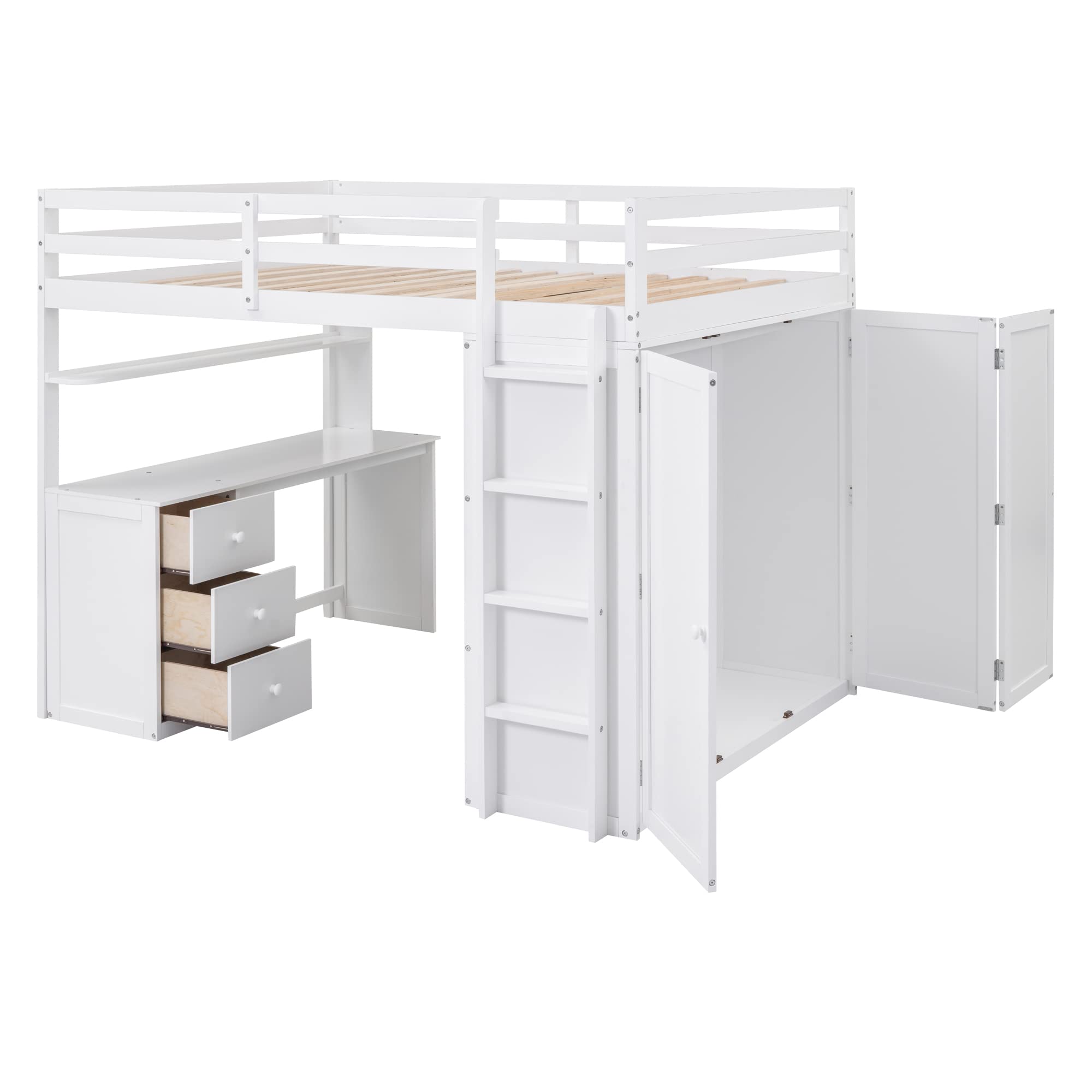 Merax Loft Bed Full Size Adult, Wooden Frame with Desk and Wardrobe, Storage Design with Drawers & Shelf, for Teen Girls & Boys(White)