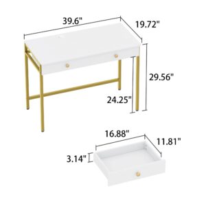 Weehom Computer Desk with Drawers, Home Office Desk for Writing, Studying, and Gaming - Sturdy and Spacious Workstation for PC and Laptop(White and Gold)