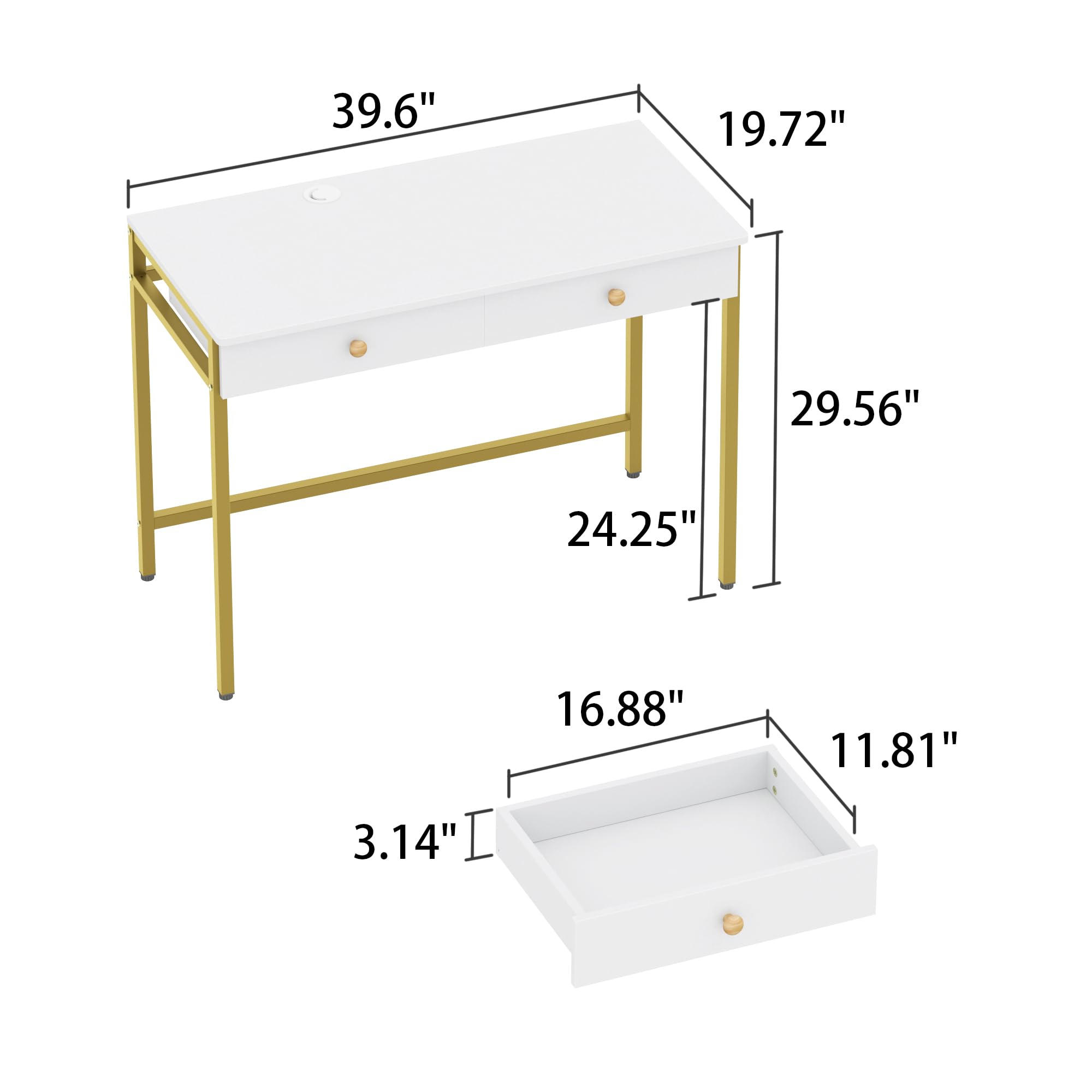 Weehom Computer Desk with Drawers, Home Office Desk for Writing, Studying, and Gaming - Sturdy and Spacious Workstation for PC and Laptop(White and Gold)