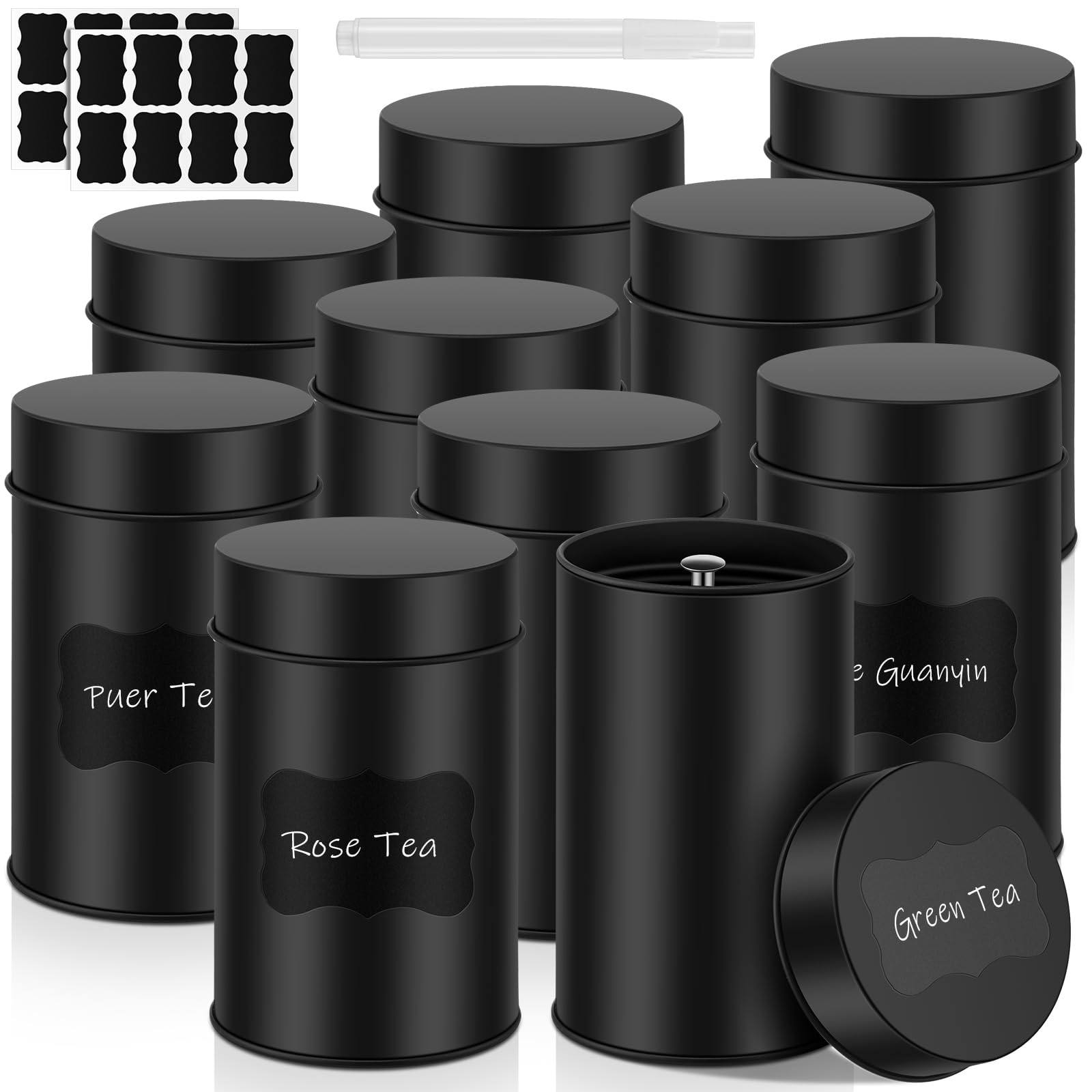 10 Pcs Tea Tin Canister Metal Tea Canister Round Tin Can with Airtight Lid Tea Double Sealed Tea Canisters, with 1 Erasable Chalk Marker and 16 Stickers for Loose Leaf Tea Coffee Sugar, 16 oz