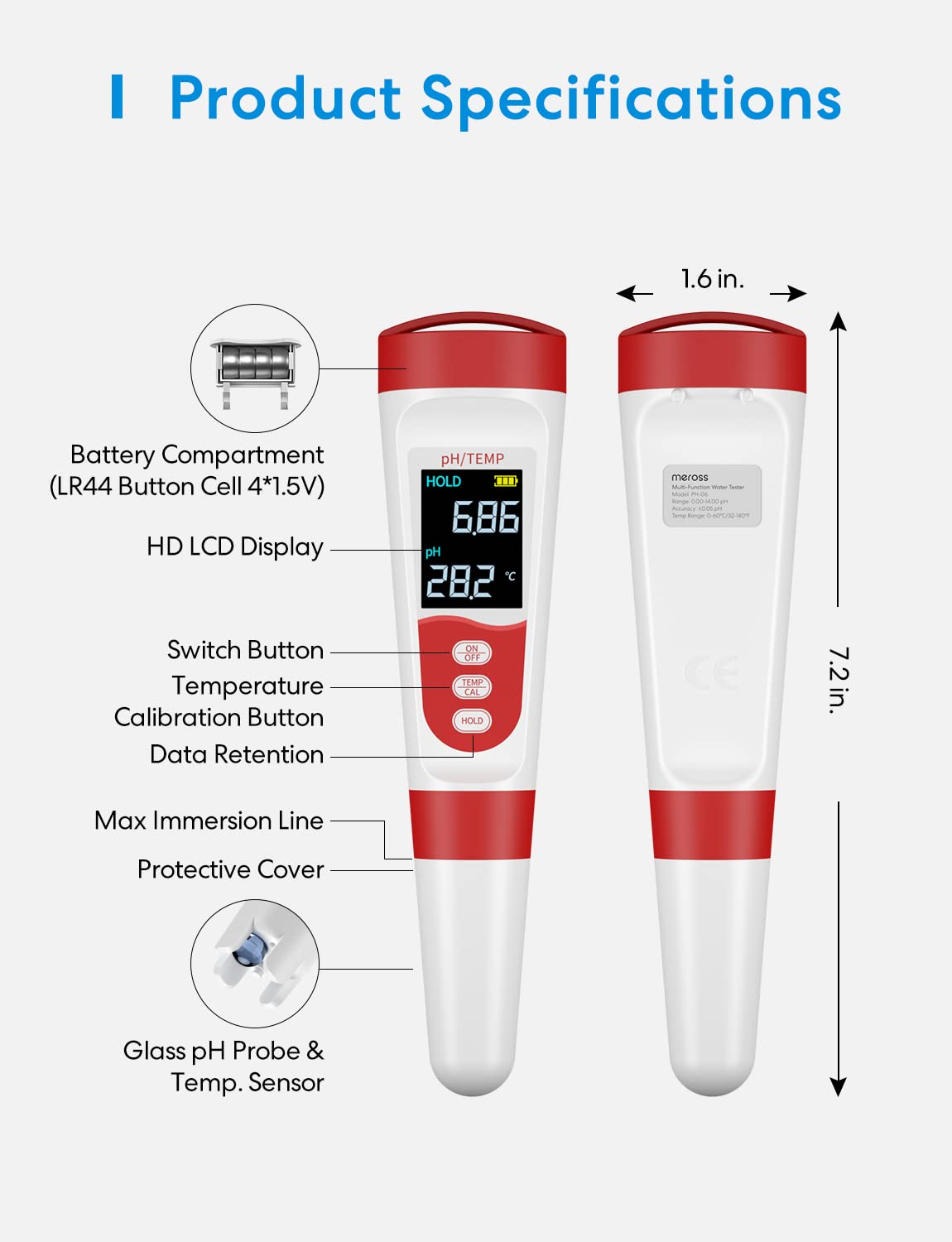 meross PH Meter, Digital PH Meter for Water Hydroponics with ATC, IP67 PH/Temp 2 in 1 Tester Pen with 0-14 PH Measurement Range, 0.01PH High Accuracy Mini Pen for Pool, Drinking Water and Aquarium