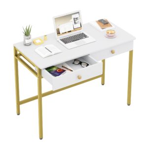 weehom computer desk with drawers, home office desk for writing, studying, and gaming - sturdy and spacious workstation for pc and laptop(white and gold)