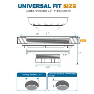 BOTEMY Stainless Steel Sink Drain Strainer Kit 3-1/2 inch Kitchen Drain Assembly with Metal Center Knob Basket Stopper Replacement for Standard Kitchen Sinks, Brushed