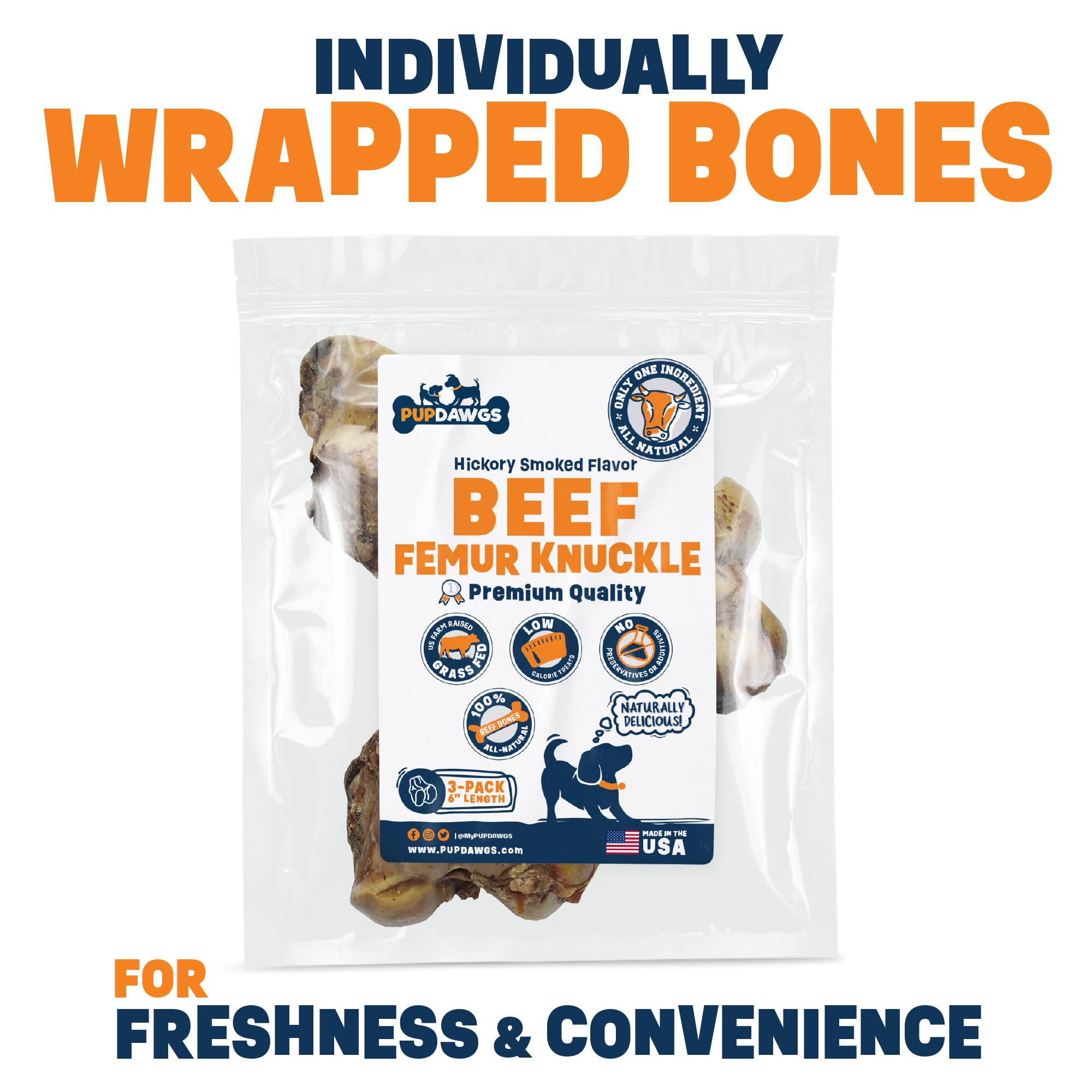 PUPDAWGS Dog-Bones-for-Aggressive-Chewers | 6" Hickory Smoked Flavor Femur Knuckles | Dog-Bones-for-Large-Dog | All Natural Dog Bone Treats Made in The USA - Individually Wrapped (3 Piece Pack)