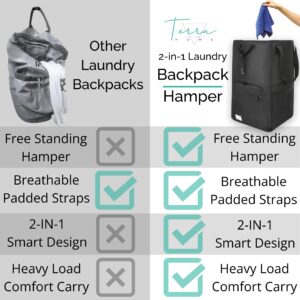 Terra Home College Essentials Travel Size Laundry Backpack - Portable, Durable, Foldable - Laundry Bag with Pockets for College Dorms - Extra Large Laundry Carrying Bag with Strap (Black)