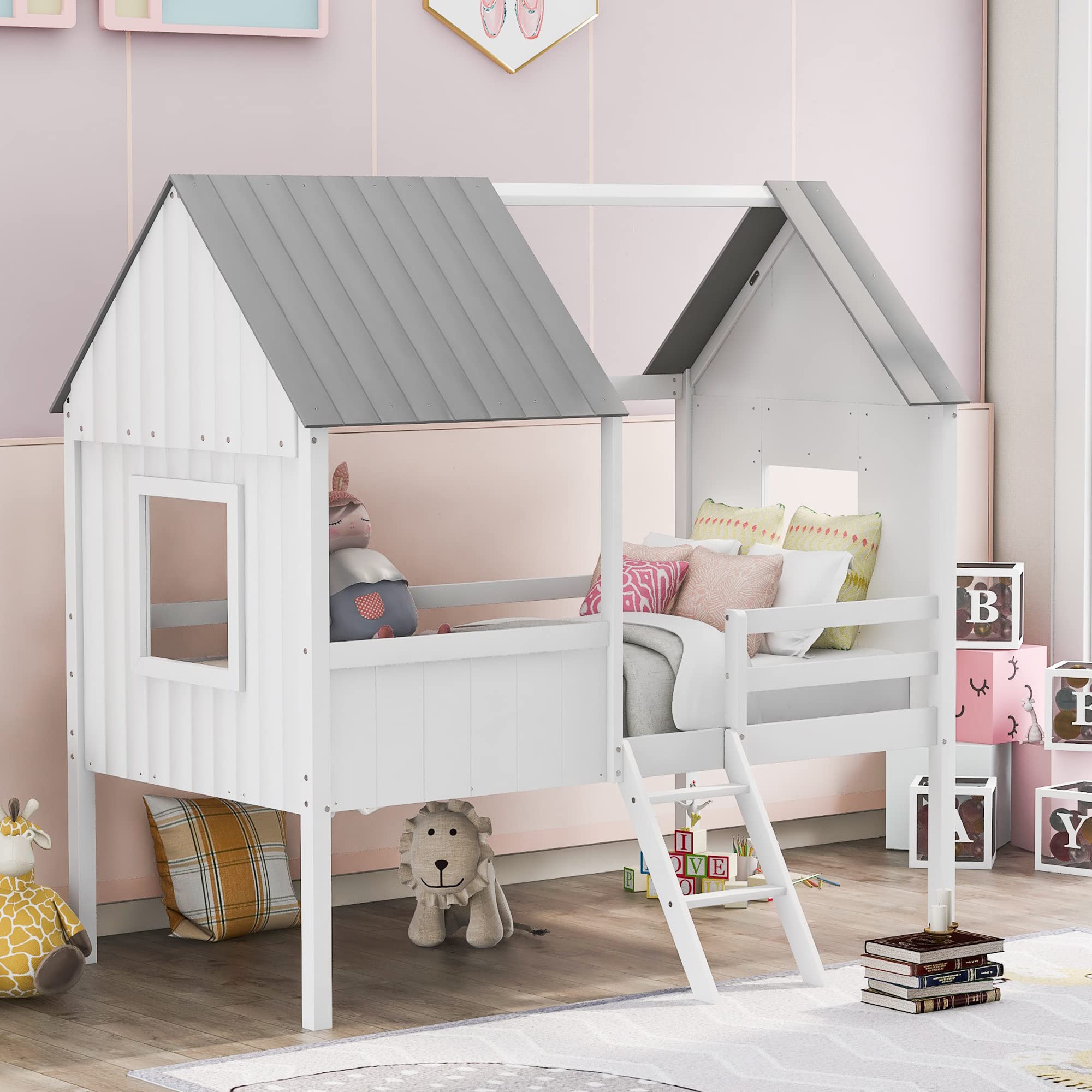 Aiuyesuo Playhouse Design Twin Size Low Loft Bed, Wood House Bed Frame with Two Side Windows,Roof and Full-Length Guardrail for Kids Teens Bedroom, Easy Assembly (White+Gray)