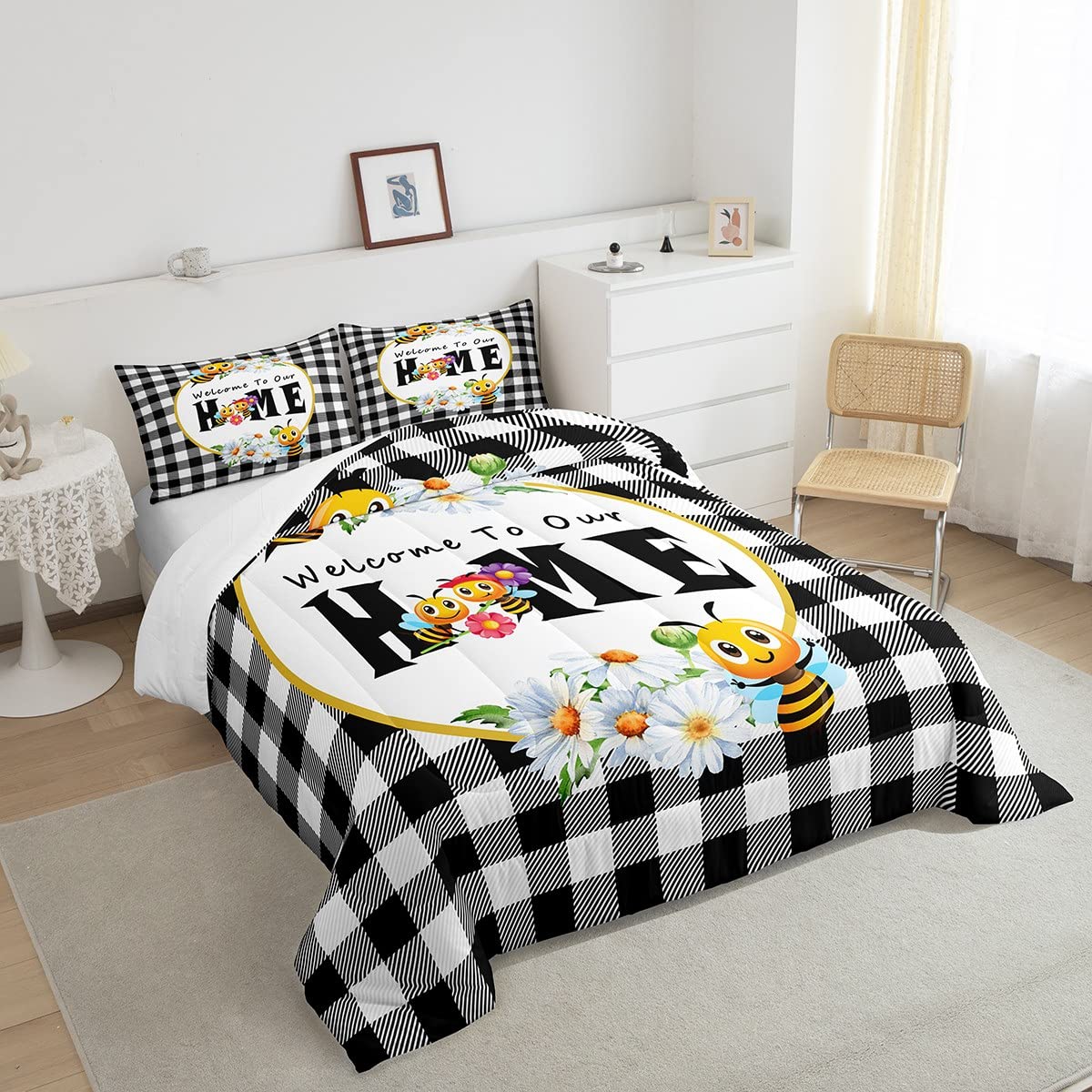 jejeloiu Cartoon Bee Comforter Set Twin Size Beehive Honeycomb Comforter Set for Boys Girls Children Black White Buffalo Check Bedding Set Room Decor Farmhouse Animals Duvet Set 2Pcs