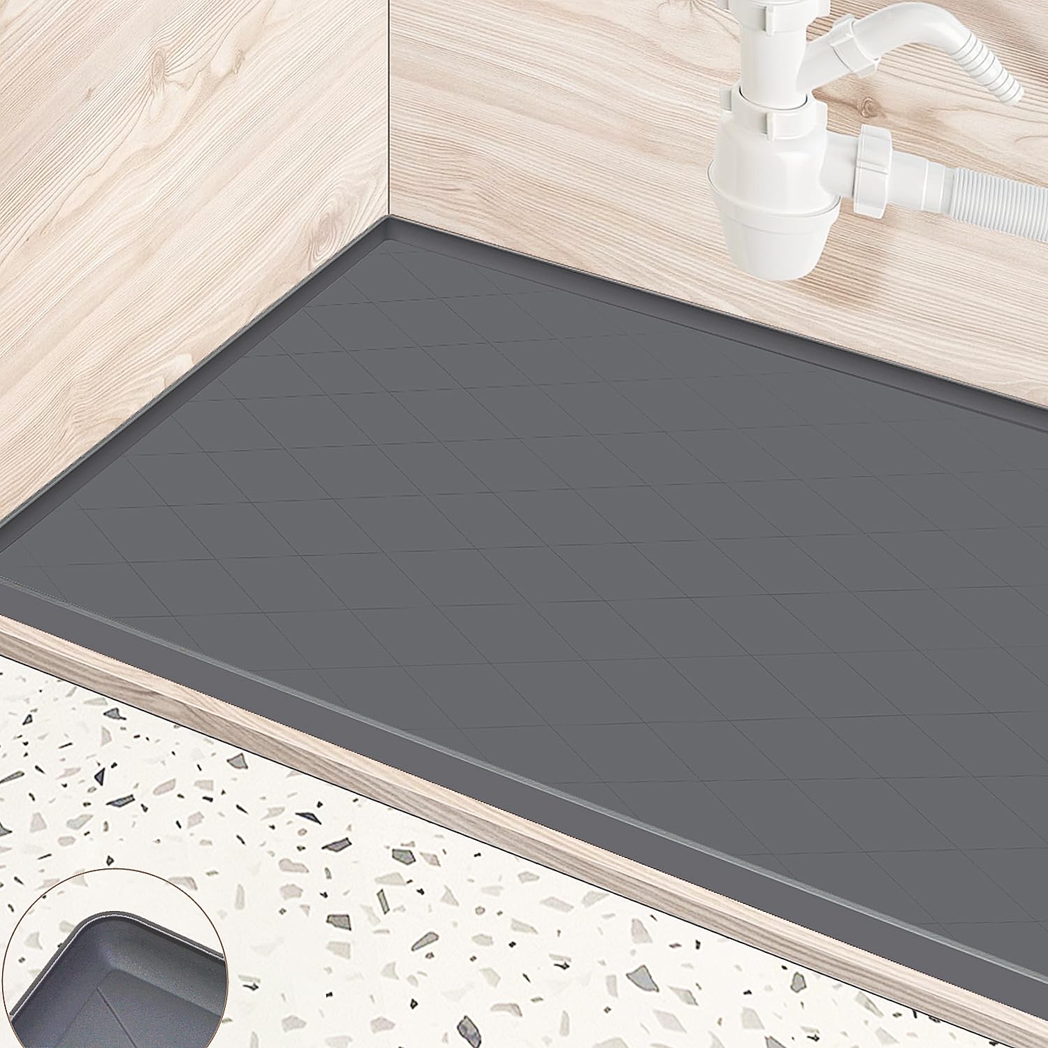 Under Sink Mat Kitchen Cabinet Tray, Flexible Waterproof Silicone Made, Disifenction Surface - 34" x 22"