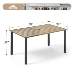 SUNSHINE VALLEY 60" x 36" x 29"Patio Dining Table,Rectangular Outdoor Dining Table with Teak Color Table Top,Steel Frame with Umbrella Hole for Garden Backyard Lawn Yard Furniture.