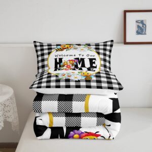 jejeloiu Cartoon Bee Comforter Set Twin Size Beehive Honeycomb Comforter Set for Boys Girls Children Black White Buffalo Check Bedding Set Room Decor Farmhouse Animals Duvet Set 2Pcs