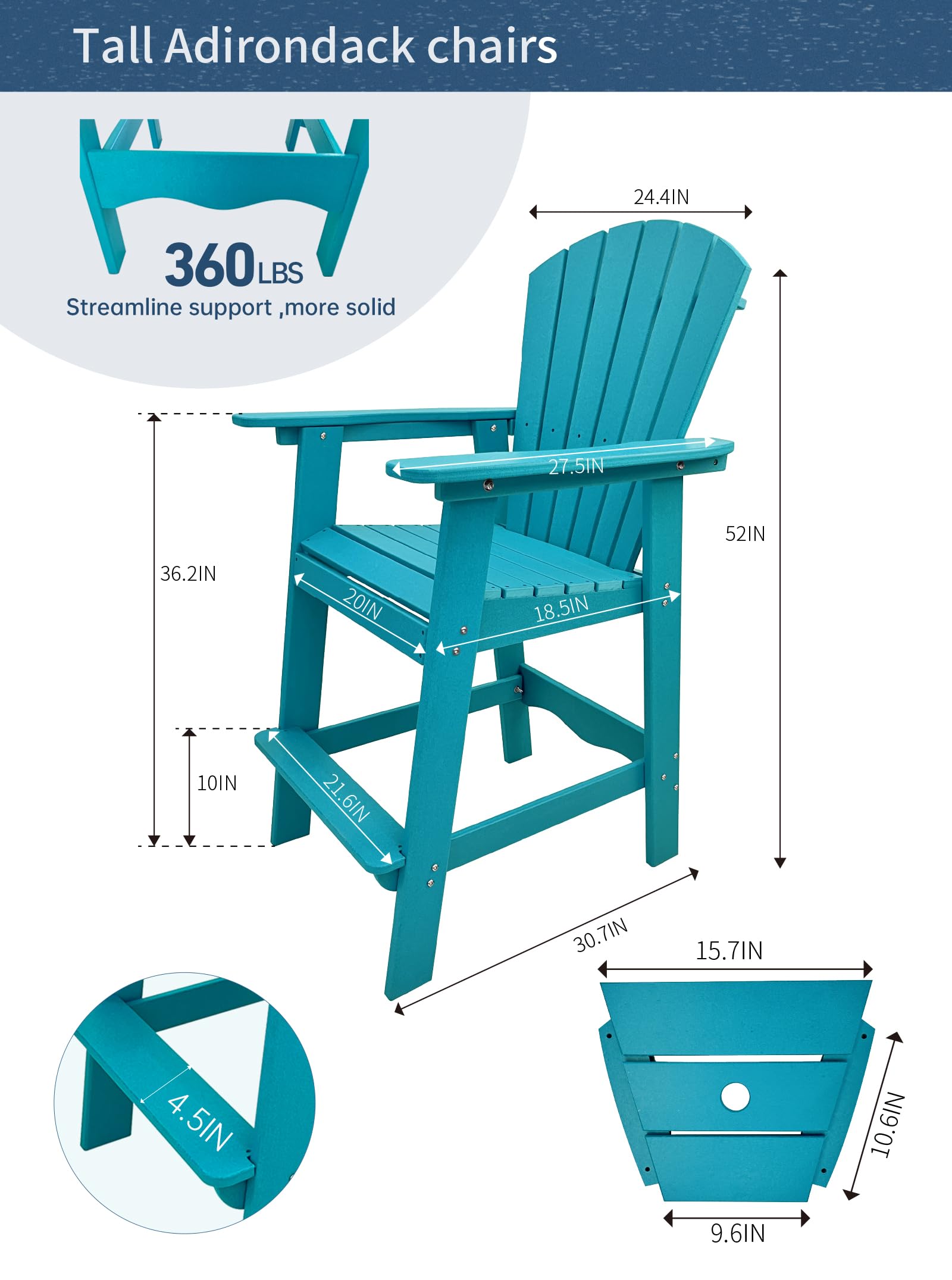 Aoorun 59''H Tall Adirondack Chairs, Balcony Chairs Set bar Height, Outdoor Chairs Set with Table (27.9" W x 51.9" H) - Blue