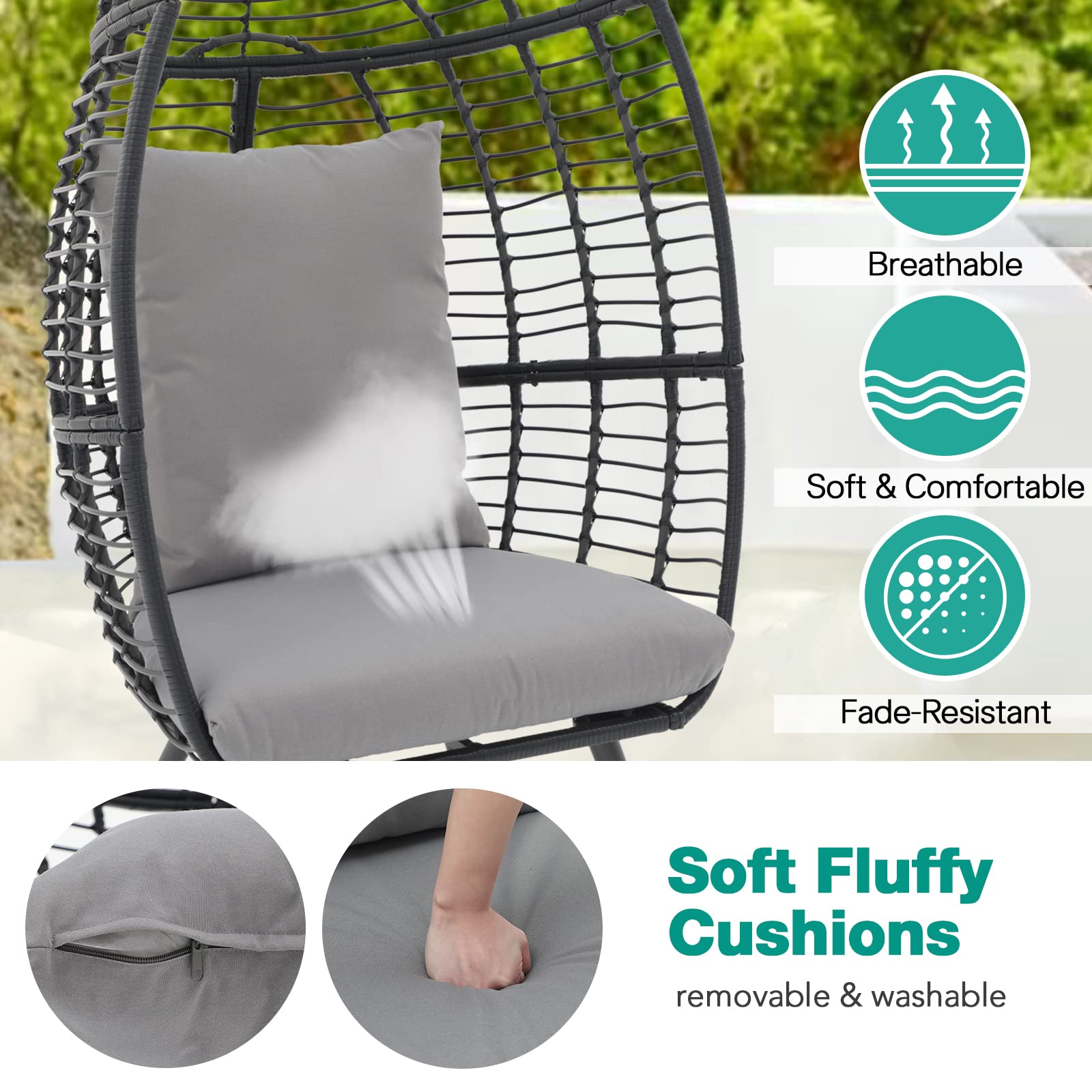 Patiorama Wicker Egg Chair Outdoor Indoor, Rattan Lounge Chair for Outside w/Legs Cushion, Basket Wicker Chair for Bedroom Living Room Front Porch Backyard Garden 350 lbs Capacity (Grey)