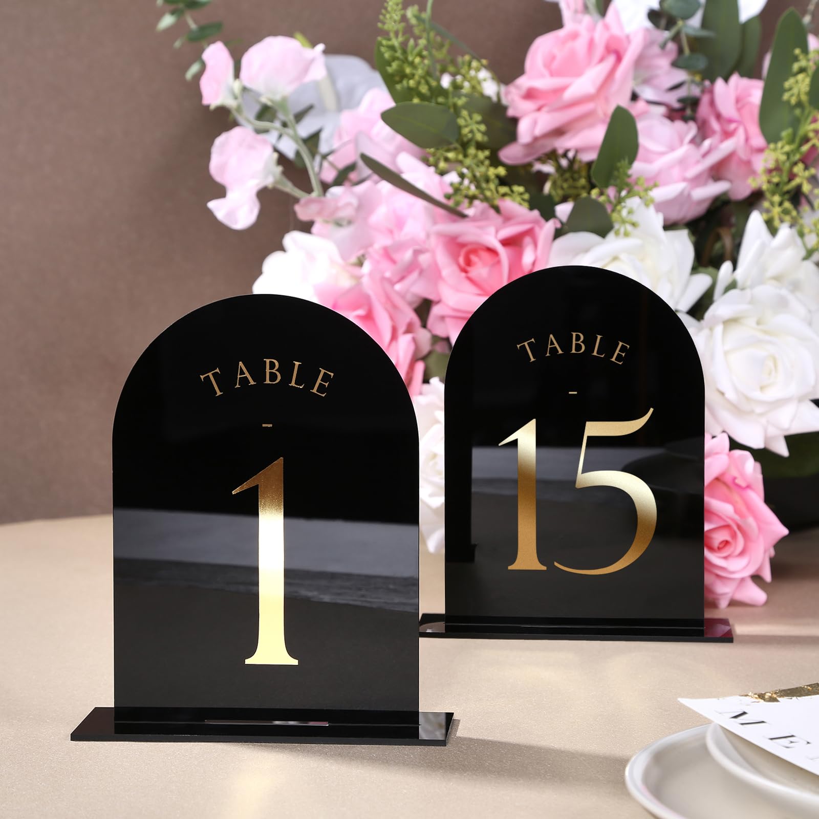 UNIQOOO Black Arch Wedding Table Numbers with Stands 1-15, Gold Foil Printed 5x7 Double Sided Acrylic Signs and Holders, Perfect for Centerpiece, Reception, Decoration, Party, Anniversary, Event